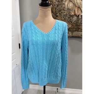 Liz Claiborne Sweater Womens Large Blue Cable Knit V Neck Cotton Pullover